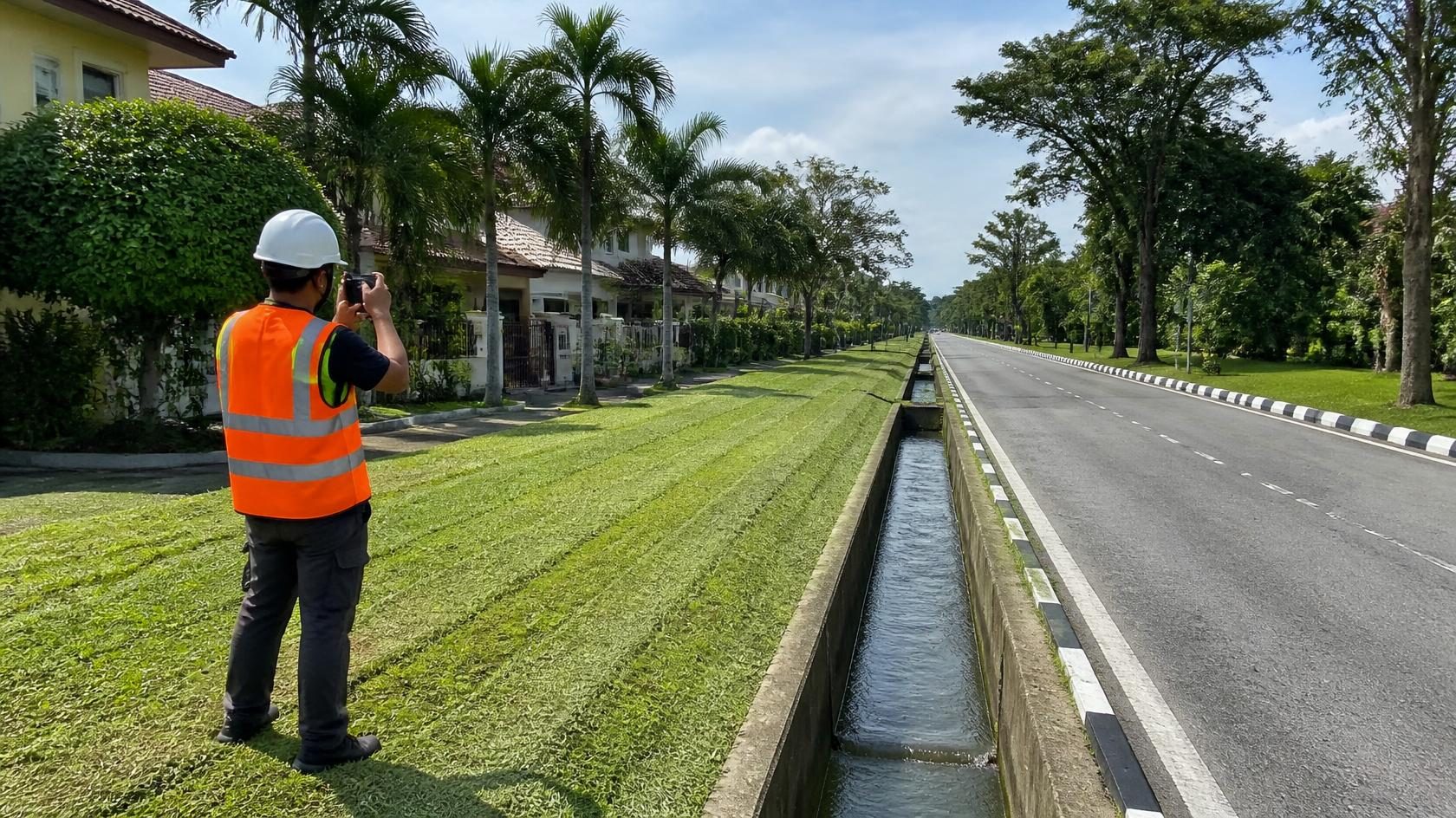 Pekerja penyelenggaraan merakam bukti kerja di bahu jalan yang baru dipotong, dengan longkang bersih di sebelah